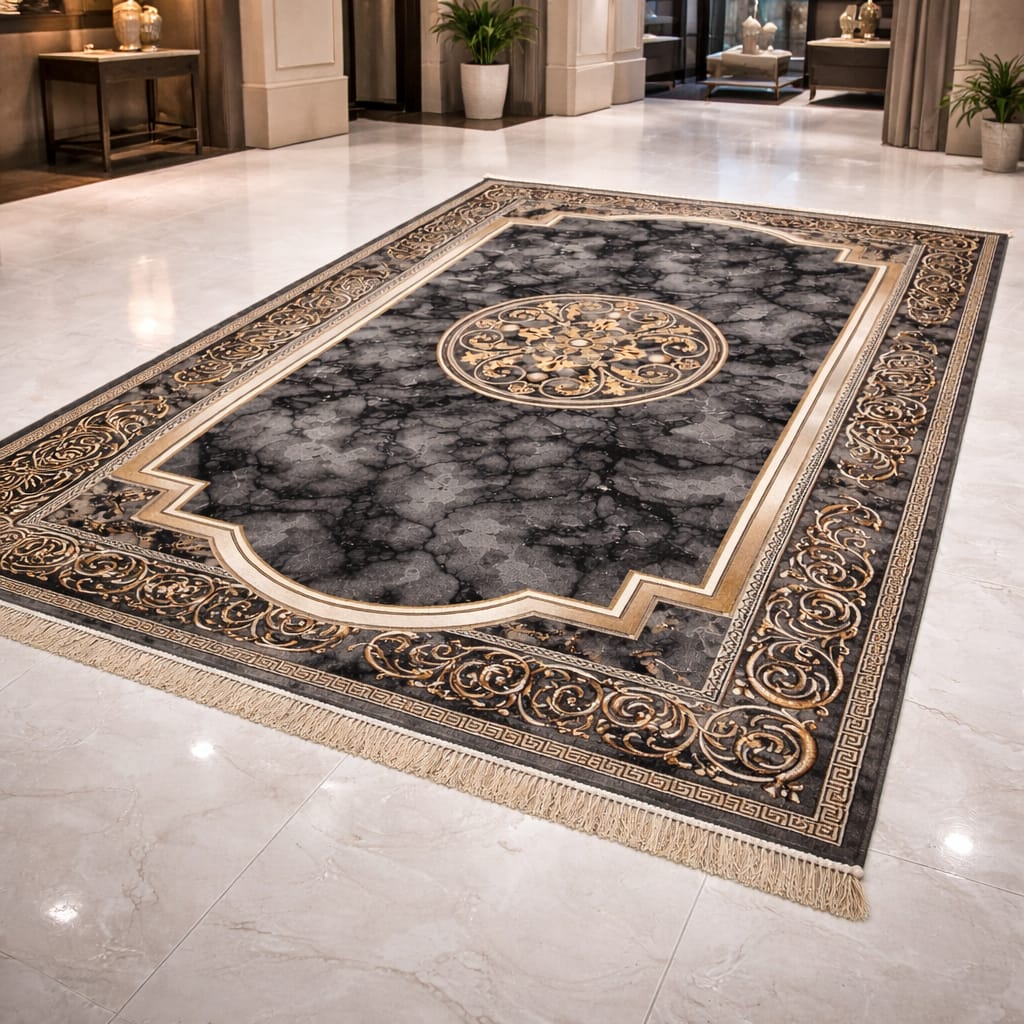 Royal Marble Medallion Luxury Carpet – Charcoal Gold Edition